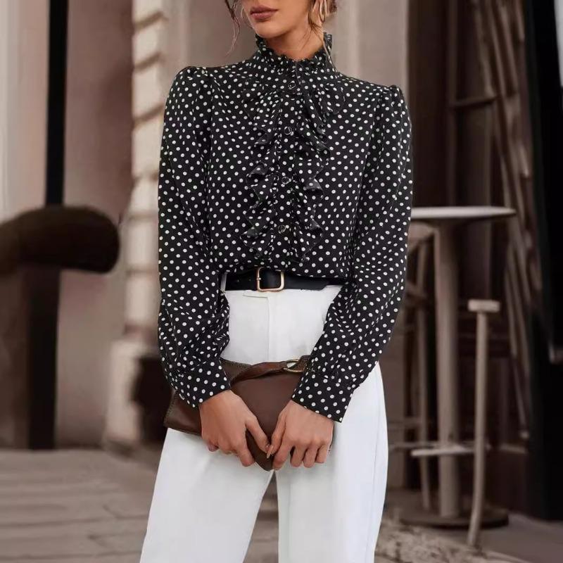 Spring Vintage Lace Ruffled Stand Collar Fashion Polka Dot Shirts Women Long Sleeve Slim Fit Elegant Casual Blouses Women Simple Chic Shirt Tops 26488