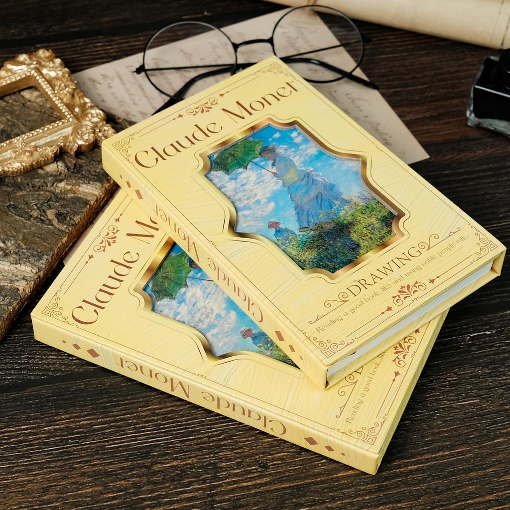 Retro Literature And Art Woman Holding An Umbrella On The Grass Oil Painting Notebook Hard Surface Material Thick Book Record Daily