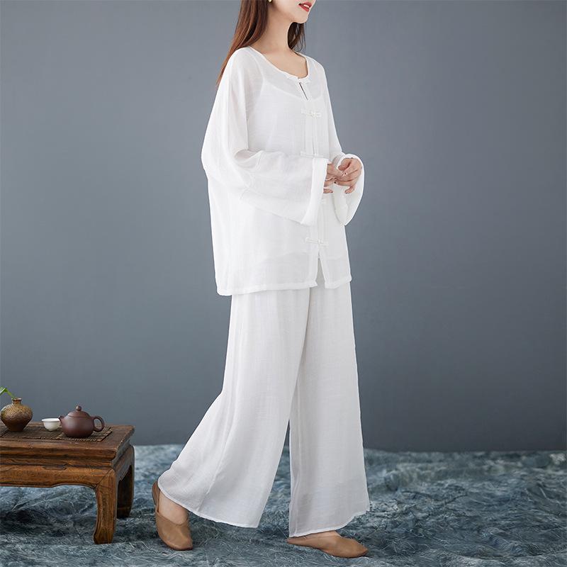 

Белый Ретро Дзен Чайный Набор: Женский весенне-осенний костюм-тройка для тай-чи и медитации с застежкой-лягушкой Medium белый