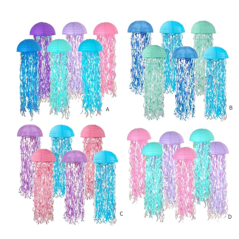 Set of 6 Ocean Theme Jellyfish Paper Hangings Colorful Hanging Decoration for Birthday Parties and Baby Showers