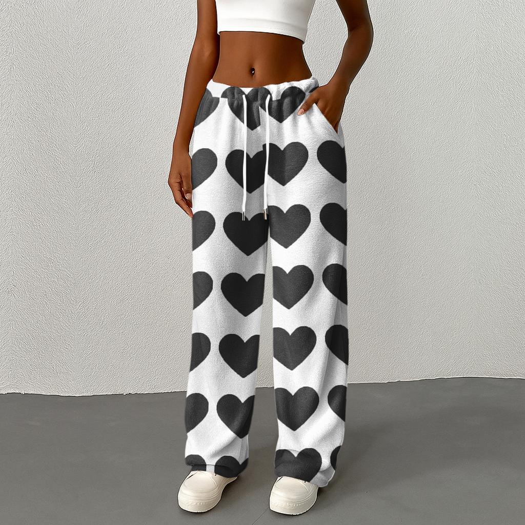Women's Casual Fashion Printed Elastic Waist Loose Straight Leg Pants With Rope