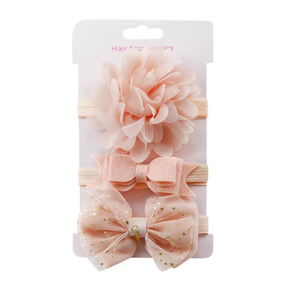 3Pcs Kids Elastic Floral Headband Hair Girls baby Bowknot Hairband Set розовый