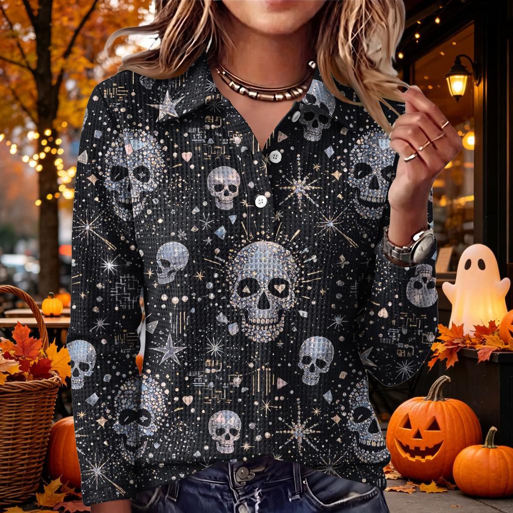 Women's Casual Long Sleeve Knit Top with Halloween Print and Lapel Collar