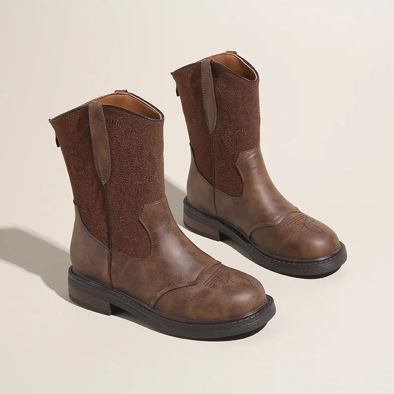 Fashion New Embroidered Leather Western Ankle Boots for Women Autumn Winter Fashion Soft-soled Casual Women's Chelsea Boots Shoes