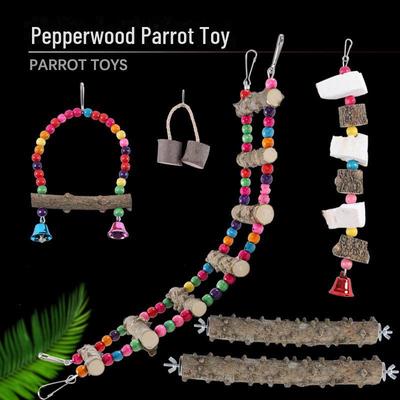 Parrot Chewing Toy Set: Pepper Wood Ladder, Swing, Stand Stick, Cuttlefish Bone Molar String