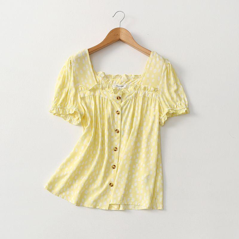 

Export Tail Single Sweet Short-Sleeved Cotton Silk Shirt Pastoral Printed Square Collar Wooden Ear Artificial Cotton Tops Export Yellow European code-XL (Bust size 110)
