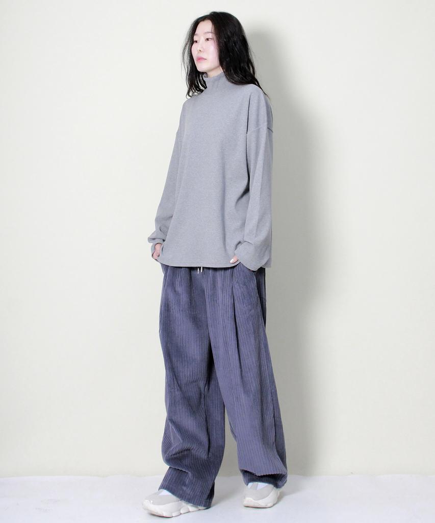 Deumakeu Wide-Fit Corduroy One-Pleat Elastic Pants Grayish Blue