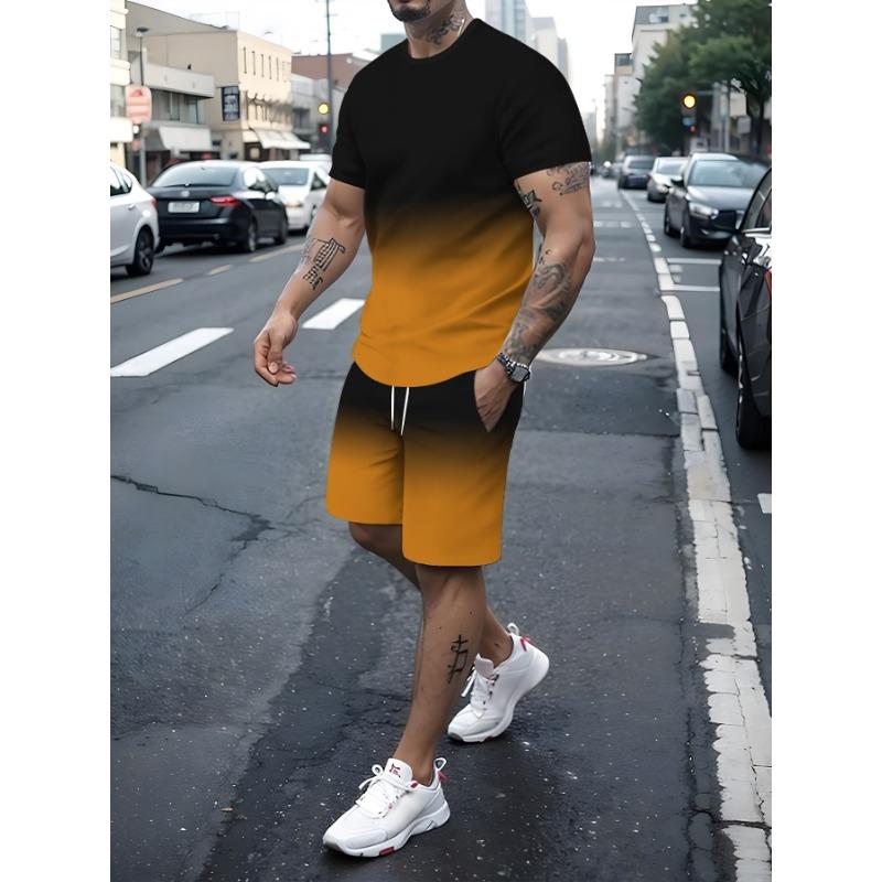 New 3D Printing Men's Sportswear Fitness Set Running Suit Casual T-shirt+shorts Set Breathable Jogging Sportswear Striped Suit