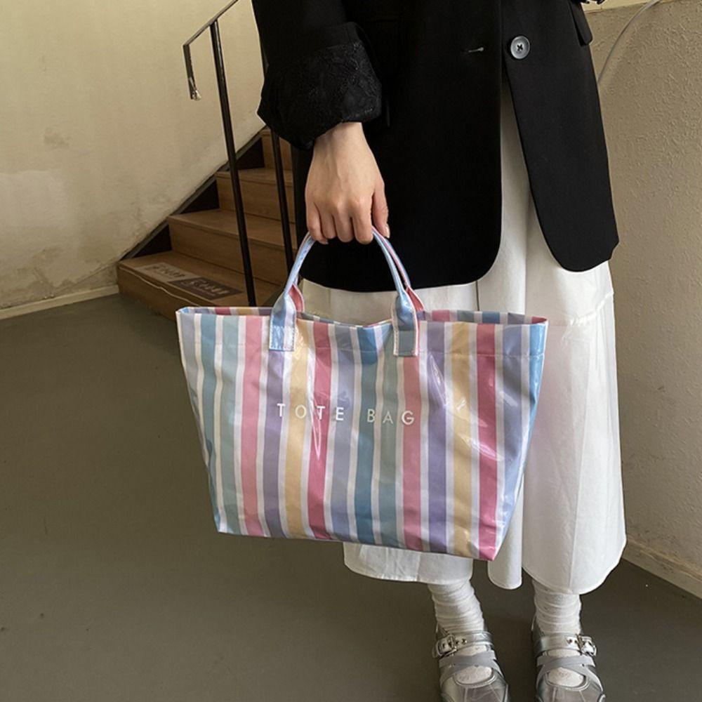 Stripe PVC Striped Tote Bag Letter Print Letter Prints Handbags Grocery Handbag