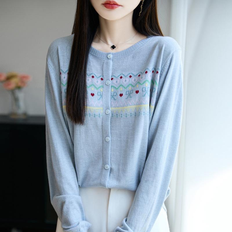 Spring and Autumn New Round-neck Knitted Cardigan Long-sleeved Women's Loose Top Coat with Bow Jacquard