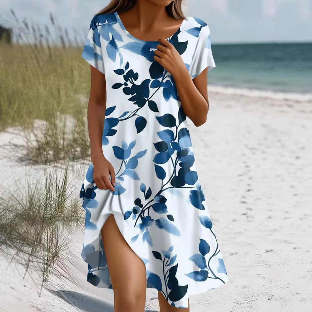 Women's Summer Short Sleeve Round Neck Floral Print Bohemian Dress With Pockets