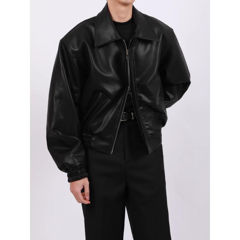 Men Loose Casual Short Pu Leather Turn Down Collar Street Fashion Jacket