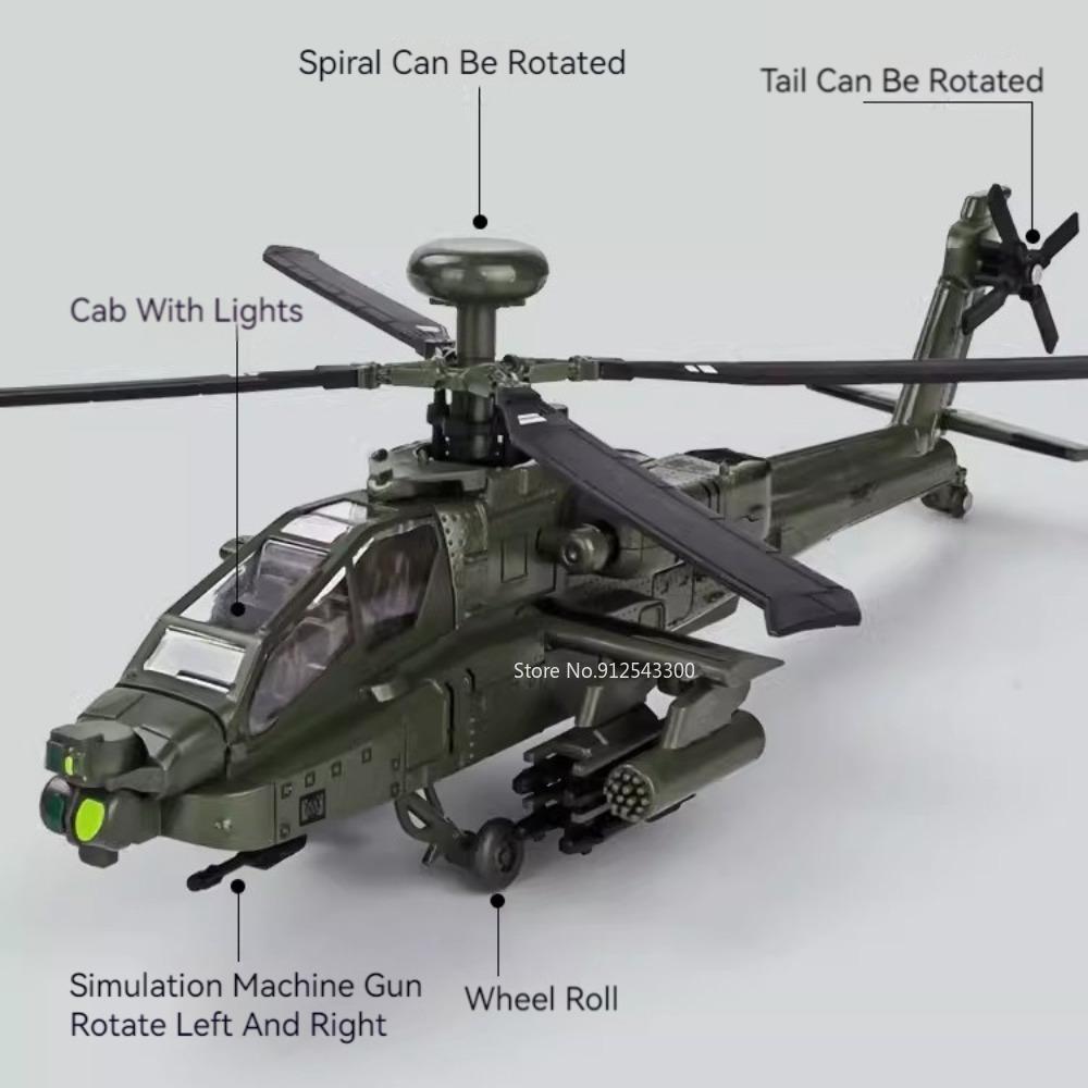 1/32 AH-64A Airplane Model Toy Car Alloy Body Rotatable Propeller Slide Sound Light Fighter Vehicle Models for Kid Birthday Gift