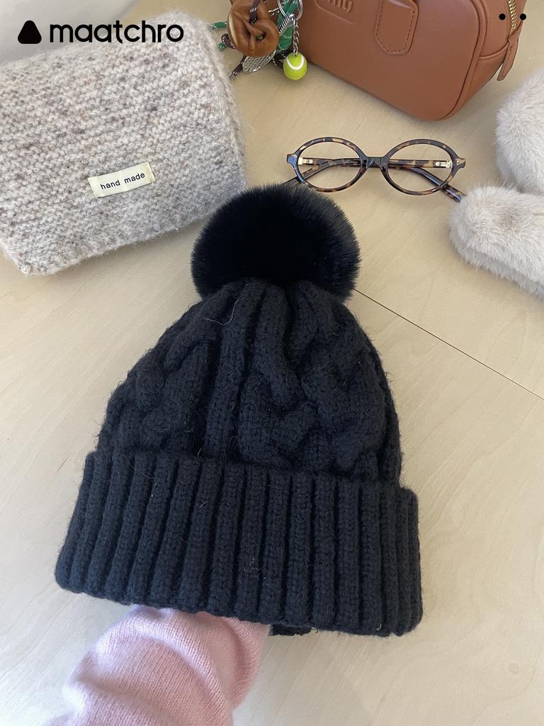 Hat Women'S Winter Solid Color Korean Knitted Hat Premium Sense Fleece Warm Ear Protector Fashion Wool Hat