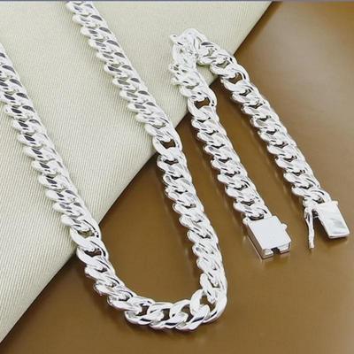 925 Silver Electroplated Square Buckle Necklace & Bracelet Set, 10MM, 20-24 Inches