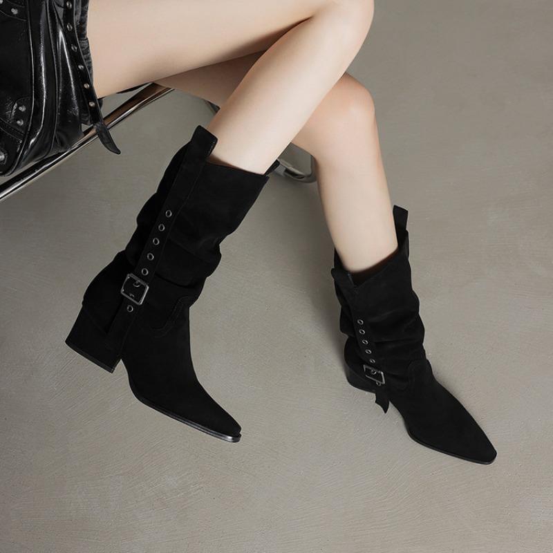 

Мода 2025 Ретро Полусапоги-трубы с напуском Заостренный носок Блочный каблук Высокий каблук Ботильоны Женские 39 чёрный