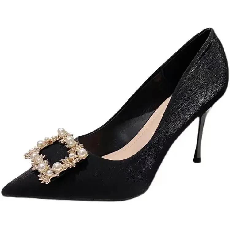 

Fashion Spring and Autumn grace paragraph Casual Fashion Pearl Wedding Shoes Stiletto Square Rhinestone Sexy and Comfortable High Heels 34 чёрный