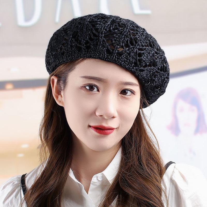 Women's Spring and Summer Hollow Knitted Beret Summer Crochet Pumpkin Hat Straw Hat Sweet Straw Cap