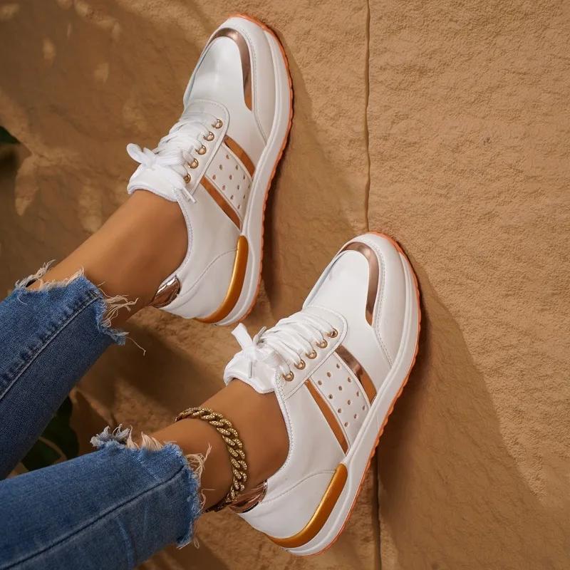 2024 Ladies Shoes Lace Up Women's Vulcanize Shoes Plus Size Women Sneakers Round Toe Flat with Mixed Colors Women's Casual Shoes