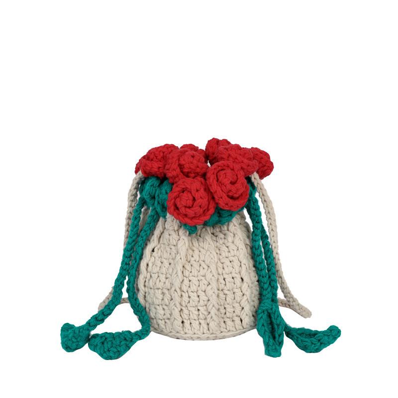 Woven Textile Rose Flower Bucket Bag With Inner Card And Phone Compartments For Casual Style