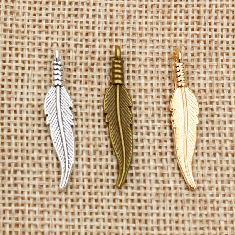 30pcs 31x6.5mm Feather Charms Pendants Bronze Antique Silver Plated  Handmade Charms