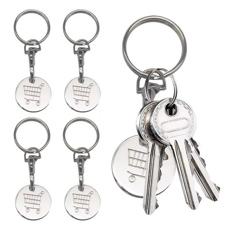 2/6Pcs Trolley Tokens Keychains Universal Small Metal Stainless Steel Portable Shopping Cart Tokens Key Ring Ornament Decoration