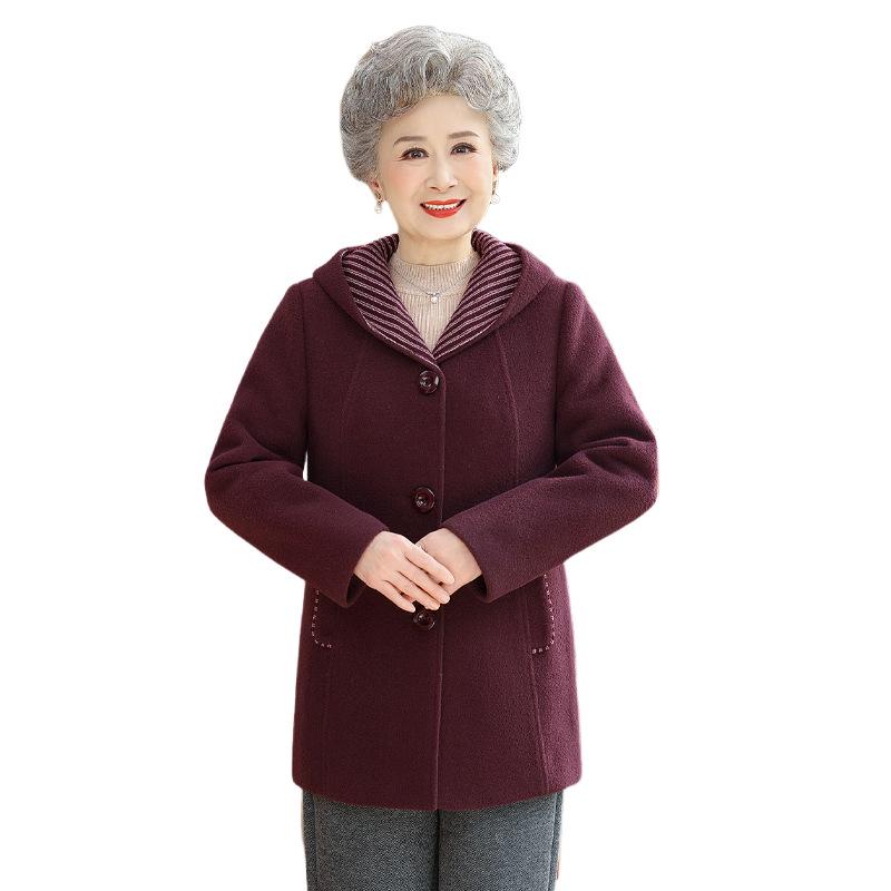 Spring Mid-Length Hooded Woolen Coat - Plus Size for Middle-Aged & Elderly Women