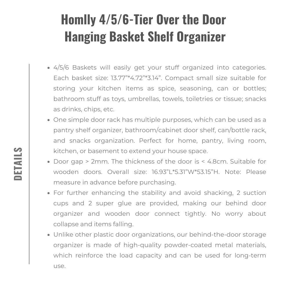 Homlly Over the Door 4/5/6 Tier Pantry Kitchen Bathroom Organizer and Storage Rack with Full Basket