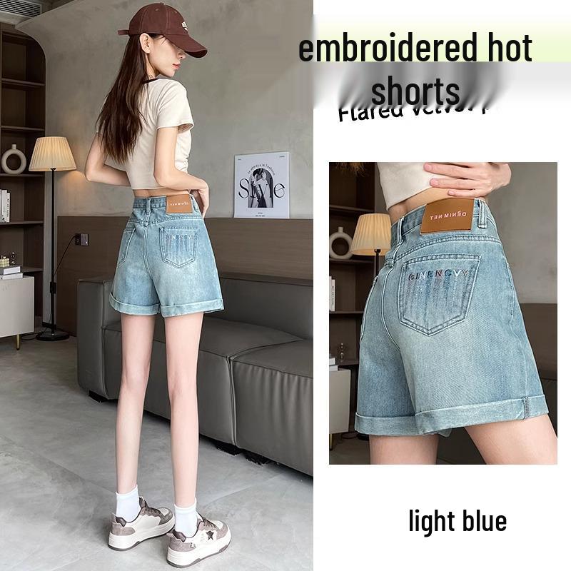 

Светло-голубые джинсовые шорты А-силуэта с высокой талией для женщин - Летний ретро-стиль 2025 с подвернутым краем и деталями разрезов XL