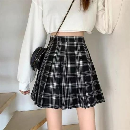 Women's High-Waist Retro Plaid A-Line Pleated Skirt for Spring, Summer, Autumn – Anti-Exposure Short Korean Style