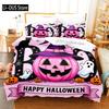 Růžová roztomilá halloweenská ložní souprava s dýněmi Jack-o'-lantern, duchy, čarodějnickými klobouky, lebkami, povlak na přikrývku zapaluje ducha sezóny