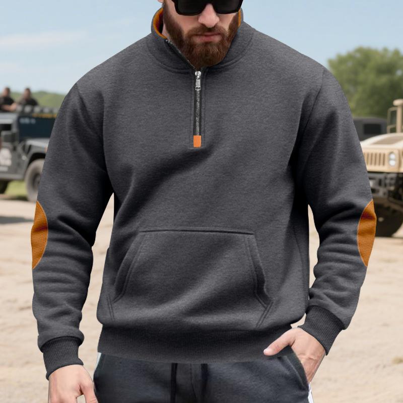 Men's Khaki Half-Zip Pullover Sweatshirt with Contrast Shoulder Patch
