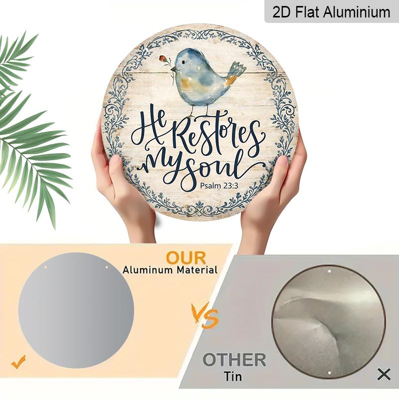 2D Flat, 1pc Round Aluminum Hanging Sign, Vintage Decorative Plaque with Bible Verses And Birds, "He Restores My Soul" Inspirational Quote