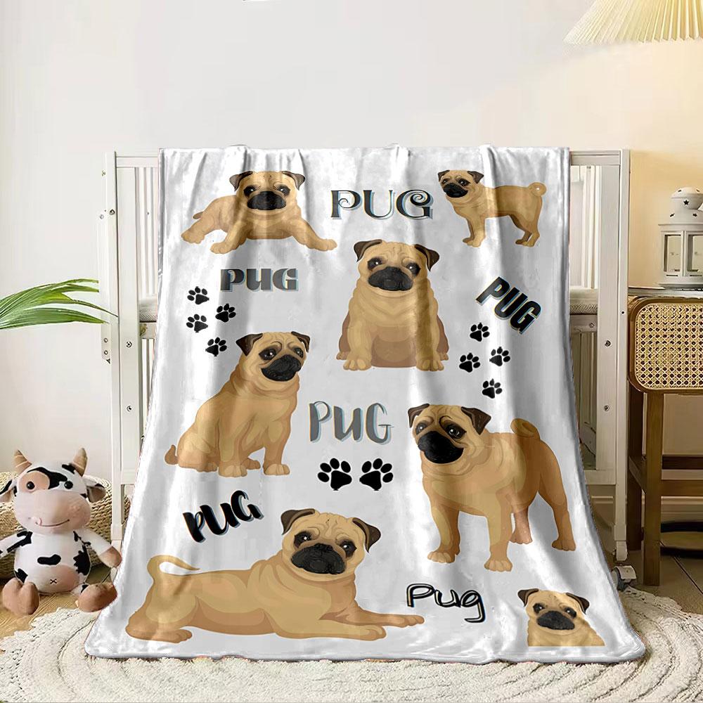 The pattern features illustrations of pugs, paw prints, and the word  PUG.  for all seasons blanket lunch break throw gift 80cm x 120cm