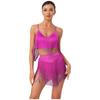 Womens Salsa Latin Dance Performance Costume V Neck Sleeveless Crisscross Back Fringe Crop Top Tiered Tassels Skirt