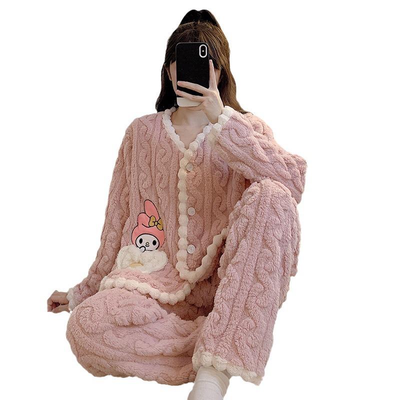 Pyjama Doux en Polaire Grande Taille pour Femmes: Cardigan d'hiver mignon avec du corail pelucheux