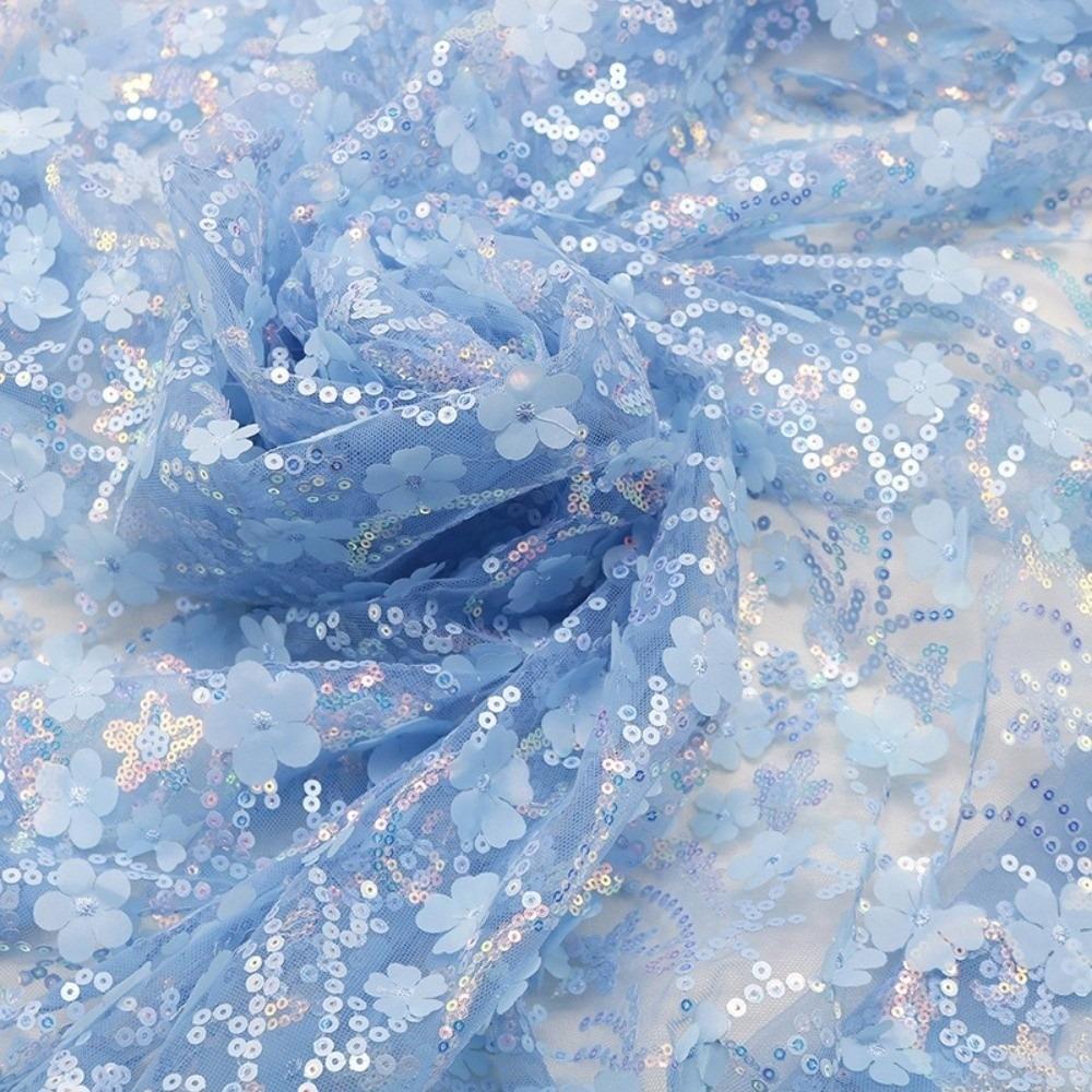 Petal Embroidery 3D Flower Tulle Fabric Sequin DIY Bow Material  Background Stage Clothing синий