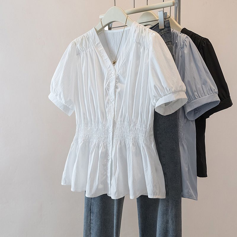 Plus Size Elastic Waist Office Lady Trend Shirt and Blouse Short Sleeve Solid Top  Women Clothing V-neck French Chic