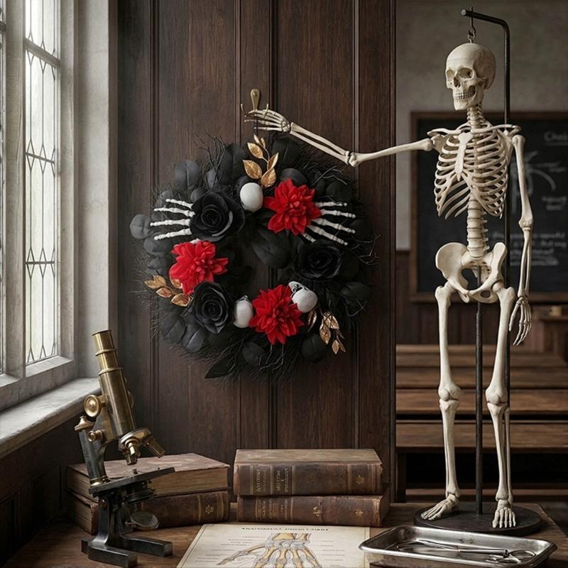 Decorative Halloween Door Wreath, Bone Hand and Skull Flower Wreath 45CM for Front Door Porch Placement, Table Display, Window Framing, and Holiday