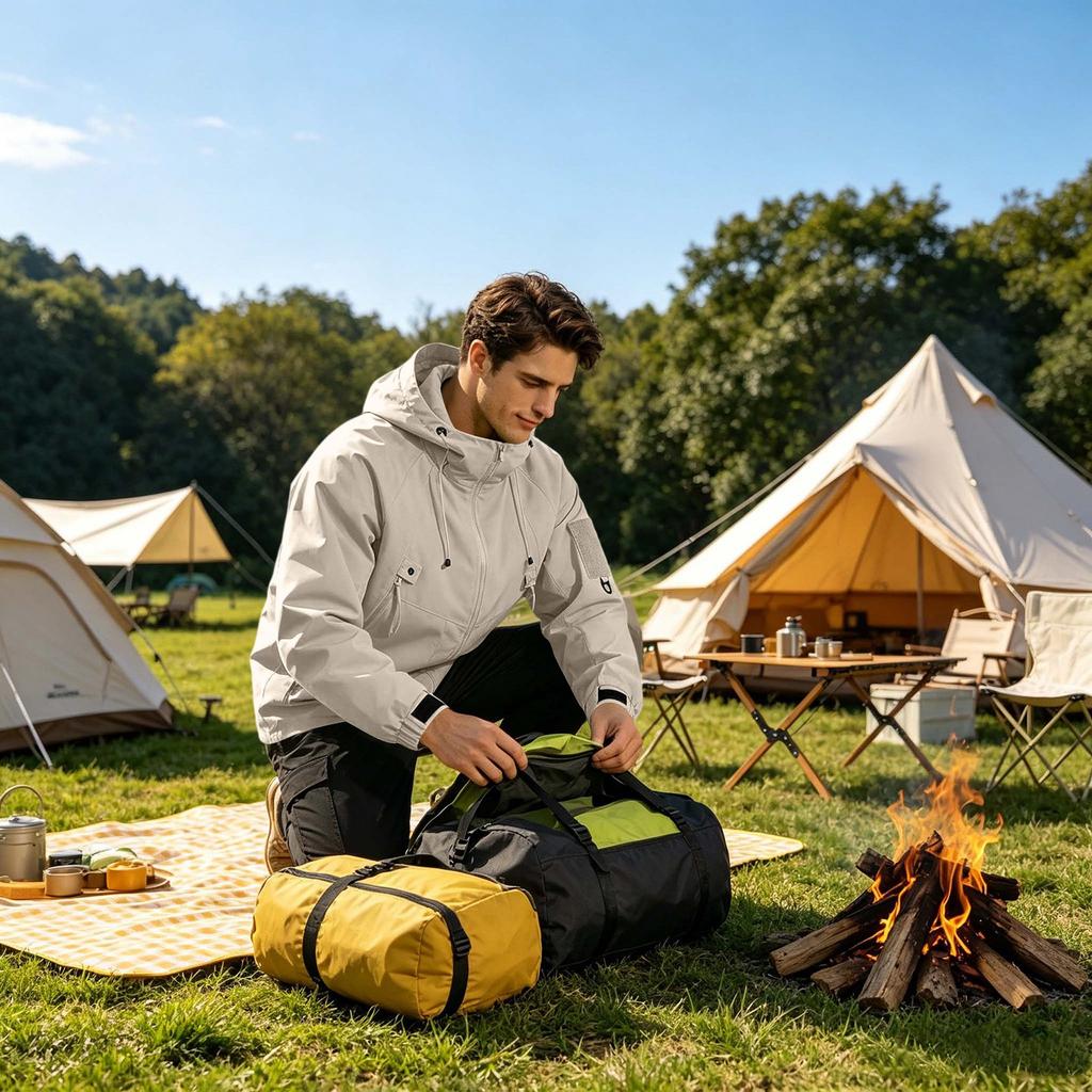 Men's Outdoor Hooded Jacket Thickened Loose Fit Windproof Waterproof Breathable Lightweight Shell for Hiking Camping