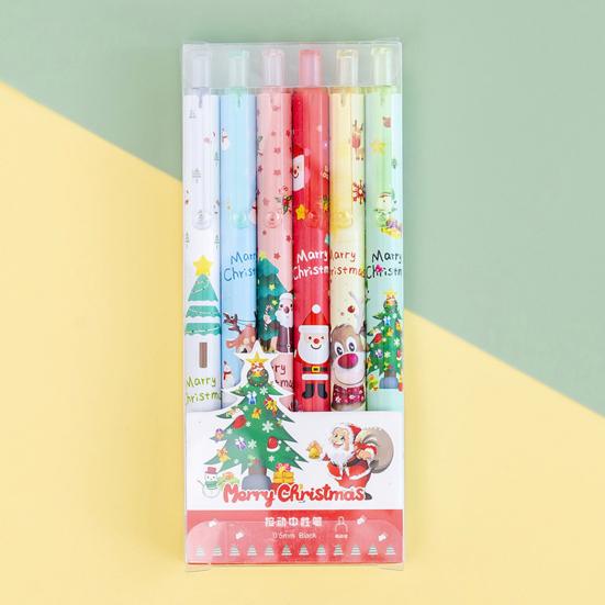 6Pcs Gel Pen Quick Drying Smooth Writing Stationary Christmas Themes Press Writing Pen for Student