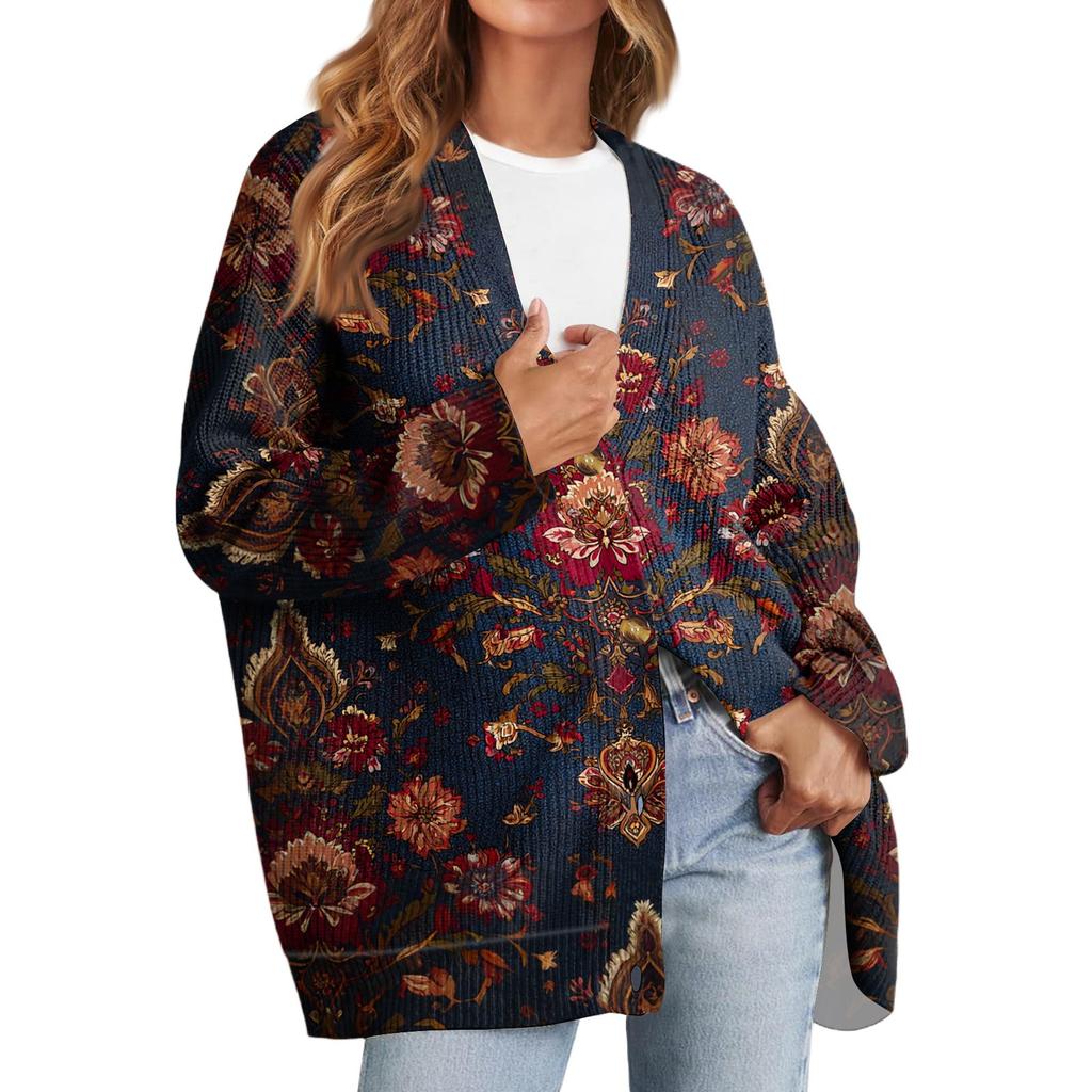 Women's Fashion Long Sleeve Print V-Neck Button Loose Cardigan Top