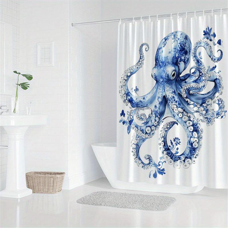 Octopus Shower Curtain Blue and White Porcelain Design, Artistic Ocean Creature Bath Curtain for Modern Bathroom Decor