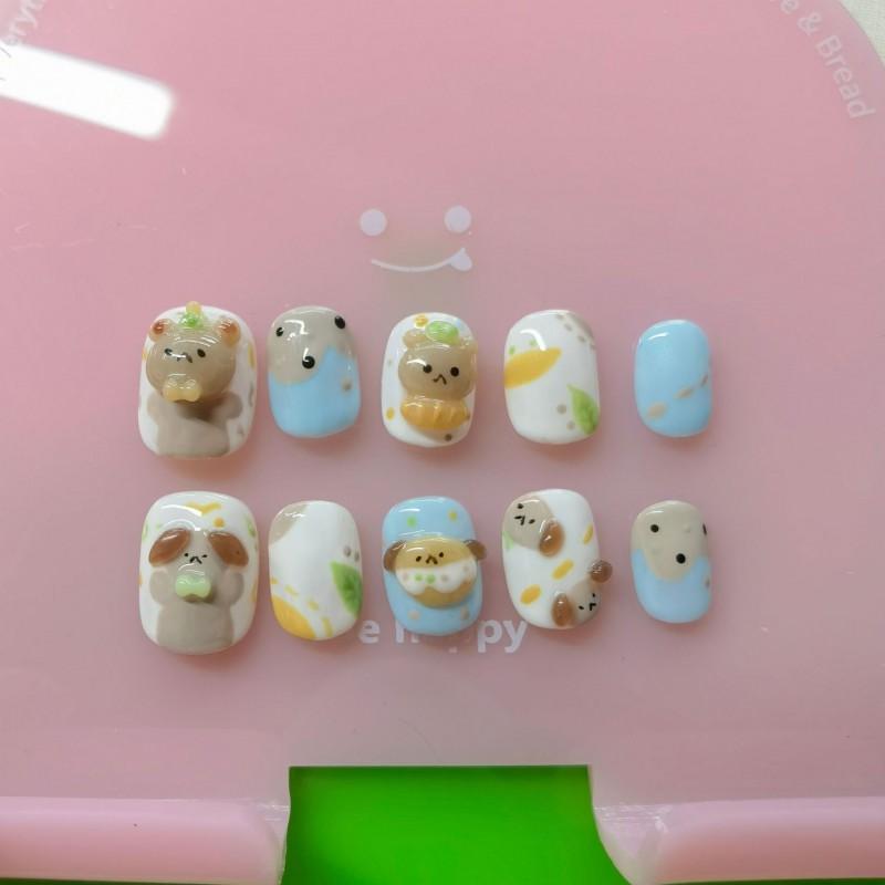 Handmade Press-On Nails Short Square Style Cute Cartoon Nail Art Tips Women Girls