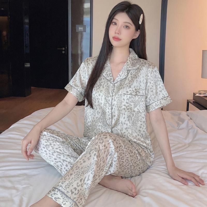 French high-end lace bow jacquard ice silk pajamas women's summer new short-sleeved trousers loungewear