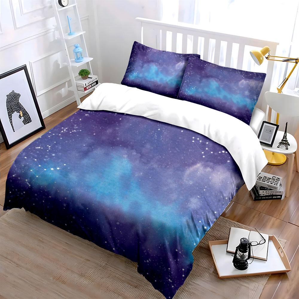Galaxy Starry Night Decor Set Bedding Set with 1 Duvet Cover 2 Pillowcases Single Double King Queen, Gift