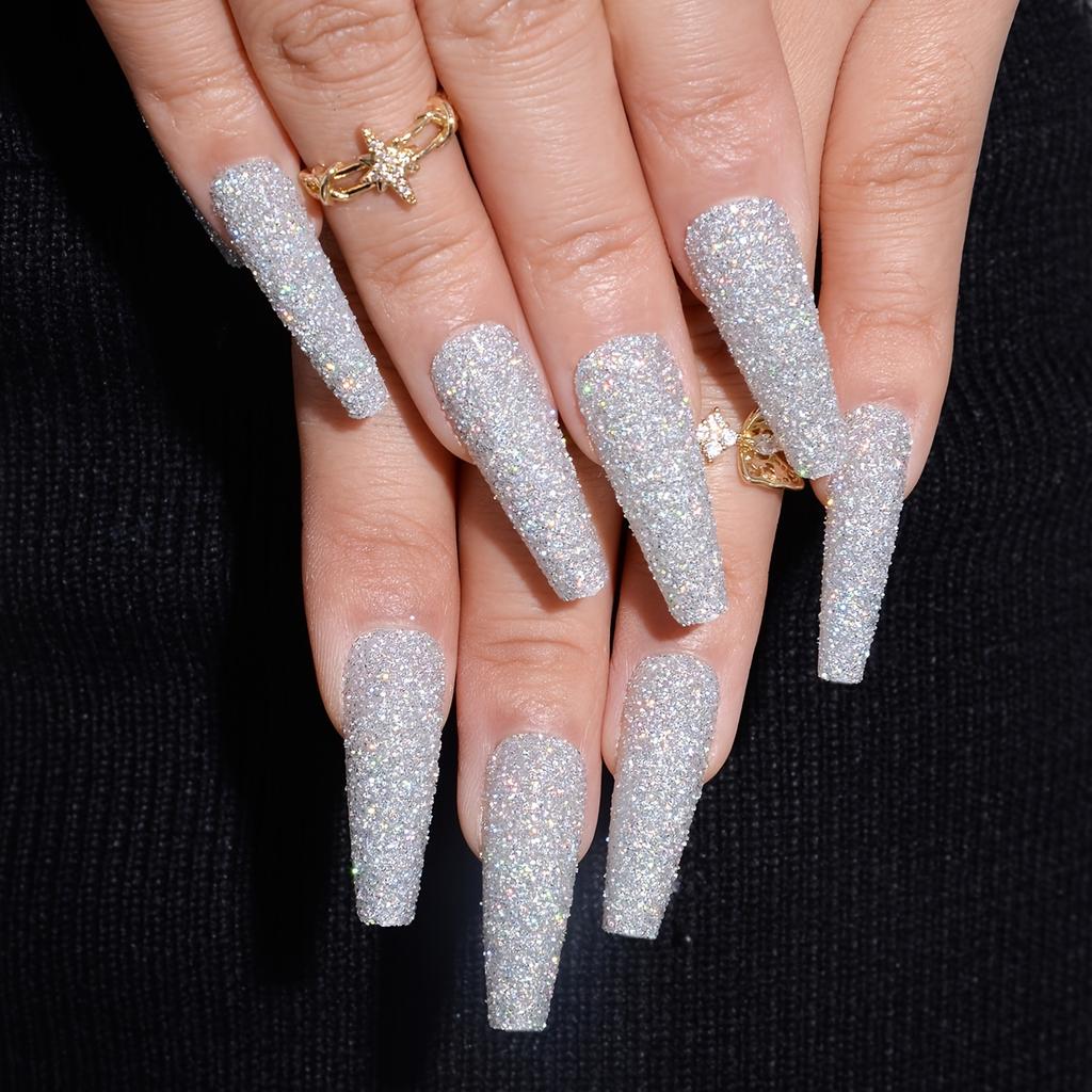 Dlouhé umělé nehty 24 ks, Třpytivé umělé nehty, Glamour nalepovací nehty pro ženy a dívky