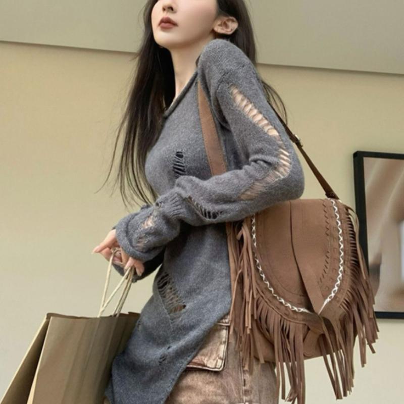 

Kpop Grunge ажурный серый свитер женский Harajuku однотонный разделенный рваный вязаный джемпер весенние топы с длинными рукавами пуловер L серый