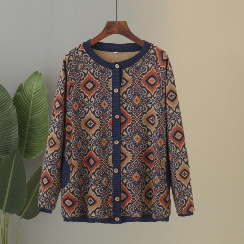 Middle-aged Elderly Spring and Autumn Sweater Knitted Cardigan Jacket Female Mother Embroidered Crew Neck Comfortable Top Old Lady