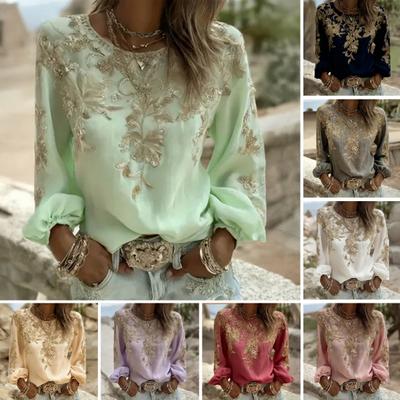 Women Tops Round Neck Long Sleeve 3D Digital Flower Printing Tee Shirt Retro Bohemia Style Pullover Tops Daily Wear